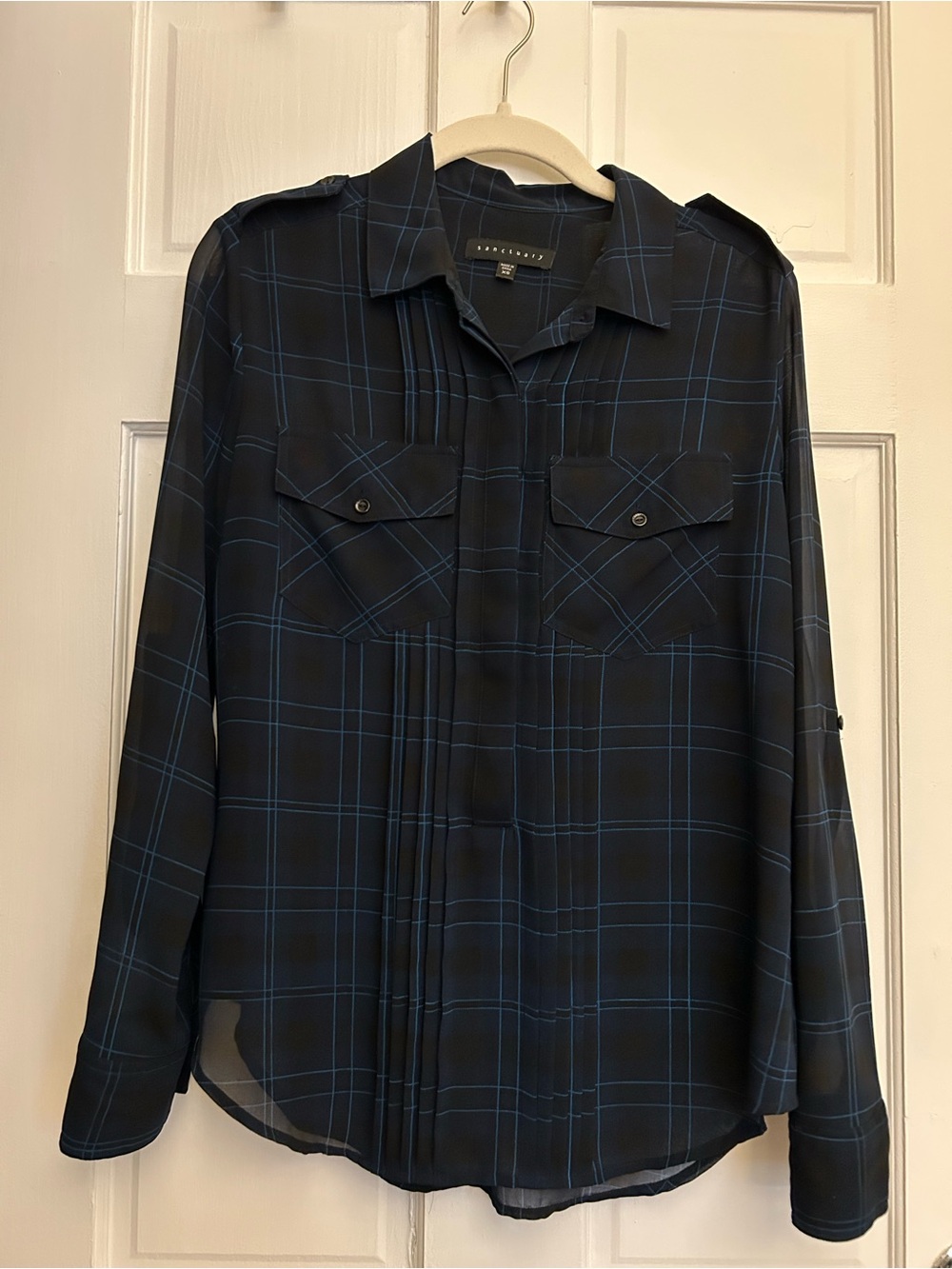 Sanctuary Navy Button-Down Shirt with Blue Windowpane